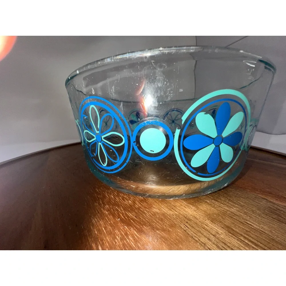Pyrex Blue Mod Flowers Glass Bowls Set of 2 Vintage Retro MCM Teal Cobalt
